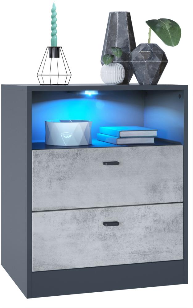 Vladon Kommode Pino V1, Nachttisch mit 2 Schubladen & 1 offenem Fach, Anthrazit matt/Beton Oxid Optik mit LED RGB (56 x 67,5 x 36 cm) Bild 1