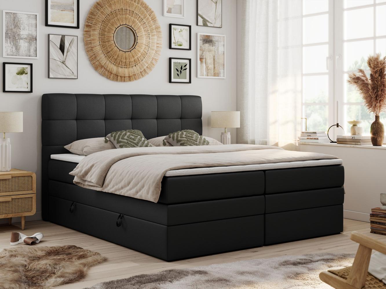 Boxspringbett mit Kopfteil und Topper, Polsterbett - LUKA-KING - 140x200cm - Schwarz Kunstleder - H4 Bild 1