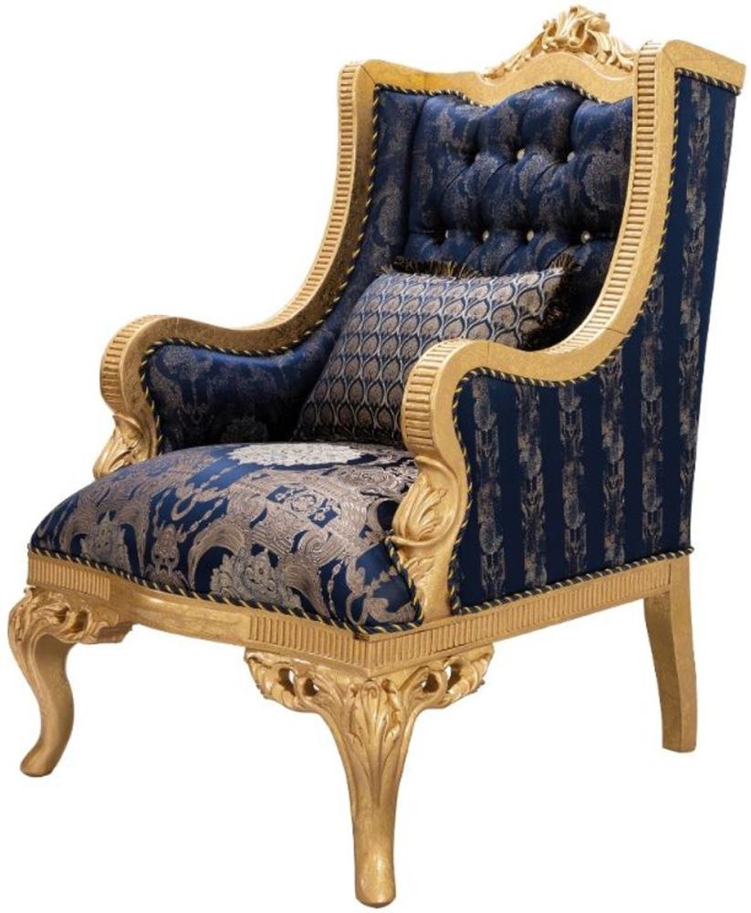 Casa Padrino Luxus Barock Ohrensessel mit Glitzersteinen und dekorativem Kissen Dunkelblau / Gold 86 x 90 x H. 110 cm - Barock Wohnzimmer Sessel - Barock Möbel Bild 1