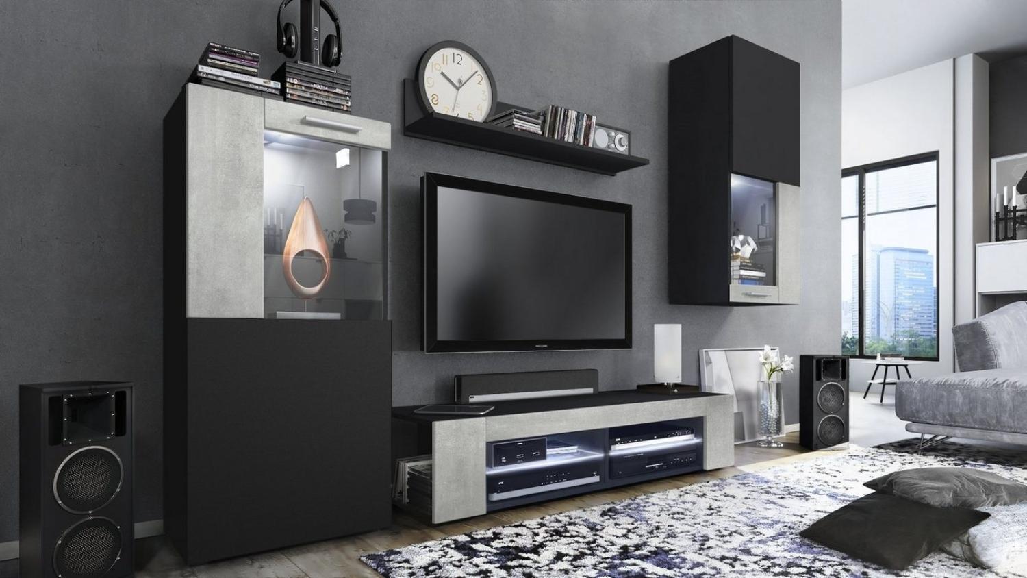 Vladon Wohnwand Movie, Anbauwand bestehend aus 1 TV-Board, 2 Vitrinen und 1 Regal, Schwarz matt/Schwarz matt/Beton Oxid-Optik, inkl. LED-Beleuchtung weiß (Gesamt: 300 x 190 x 39 cm) Bild 1