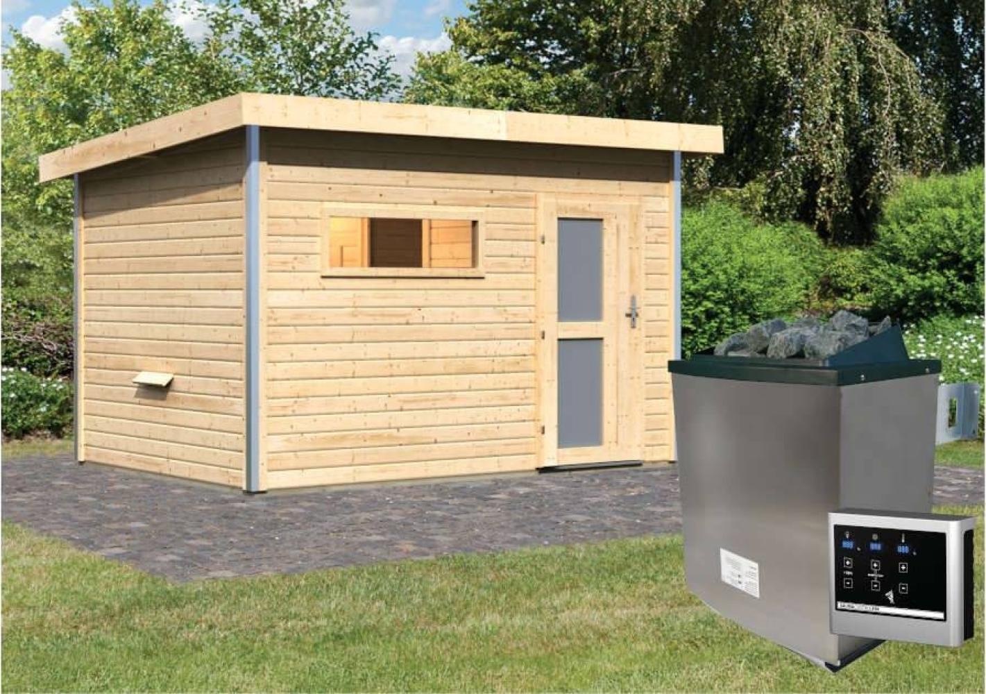 Karibu Sauna Skrollan 2 naturbelassen + 9 kW Saunaofen mit ext. Steuerung Easy Moderne Tür Bild 1