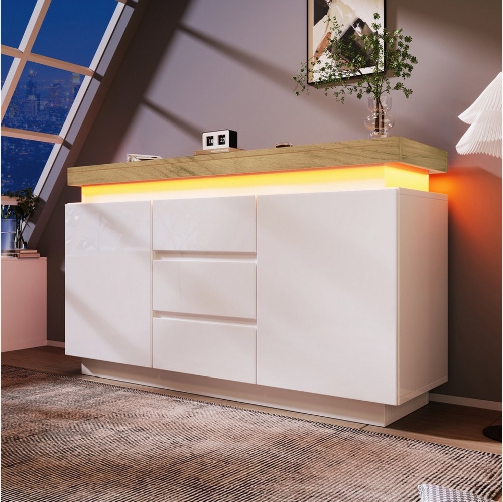 Flieks Kommode Hochglanz Weiß Sideboard mit LED und verstellbare Ablagen (1 St, für Wohnzimmer, Schlafzimmer und Esszimmer), Mehrzweckschrank mit 2 Türen und 3 Schubladen, Breite 140 cm Bild 1