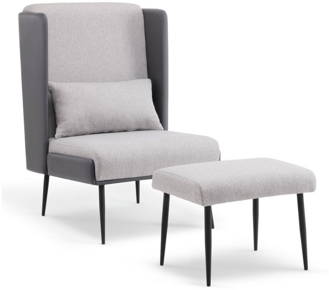 M MCombo Ohrensessel mit Hocker, Polstersessel Relaxsessel für Wohnzimmer, Lesesessel Bequem, Loungesessel Modern, Stoff/Kunstleder 4707 (Grau) Bild 1