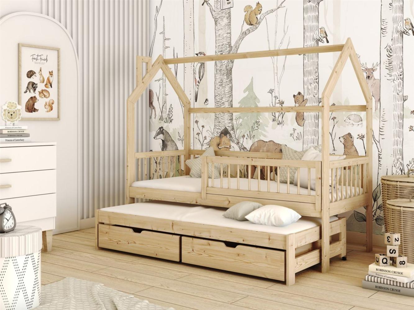 Hausbett Kinderbett PERLE 200x90cm Kiefer Massiv Natur inkl. Zusatzbett Bild 1