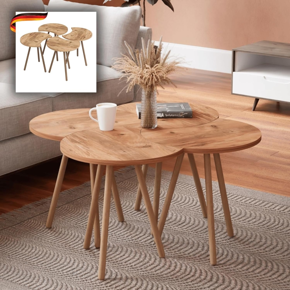 DELUKE® Couchtisch rund 4er Set YAMA - Zusammenschiebbar Sofatisch rund Stubentisch Wohnzimmertisch Kaffeetisch Beistelltisch Tisch für Couch Braun Bild 1