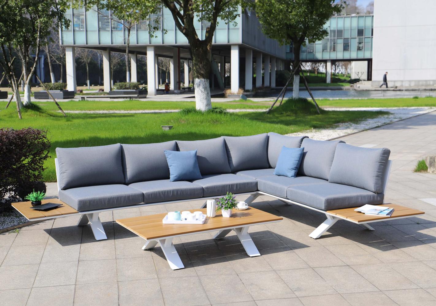 Aluminium Garten-Garnitur HWC-M62, Sitzgruppe Garten-/Lounge-Set Sofa, Holzoptik ~ Gestell weiß, Polster hellgrau Bild 1