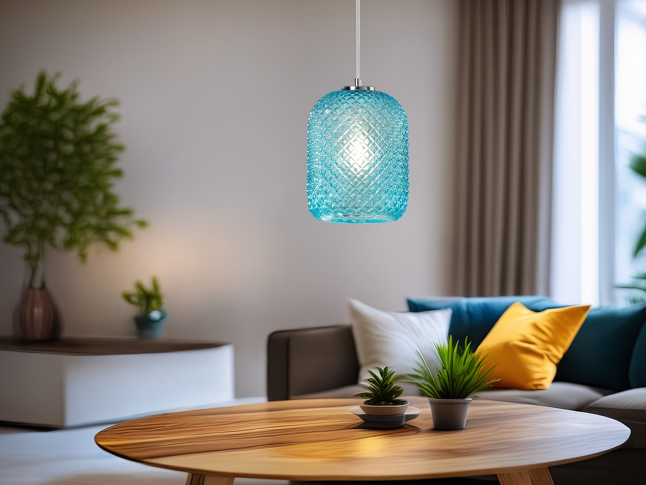 Pendelleuchte ASHFORD einflammig Kristall Glasschirm in Blau, Ø15cm Bild 1