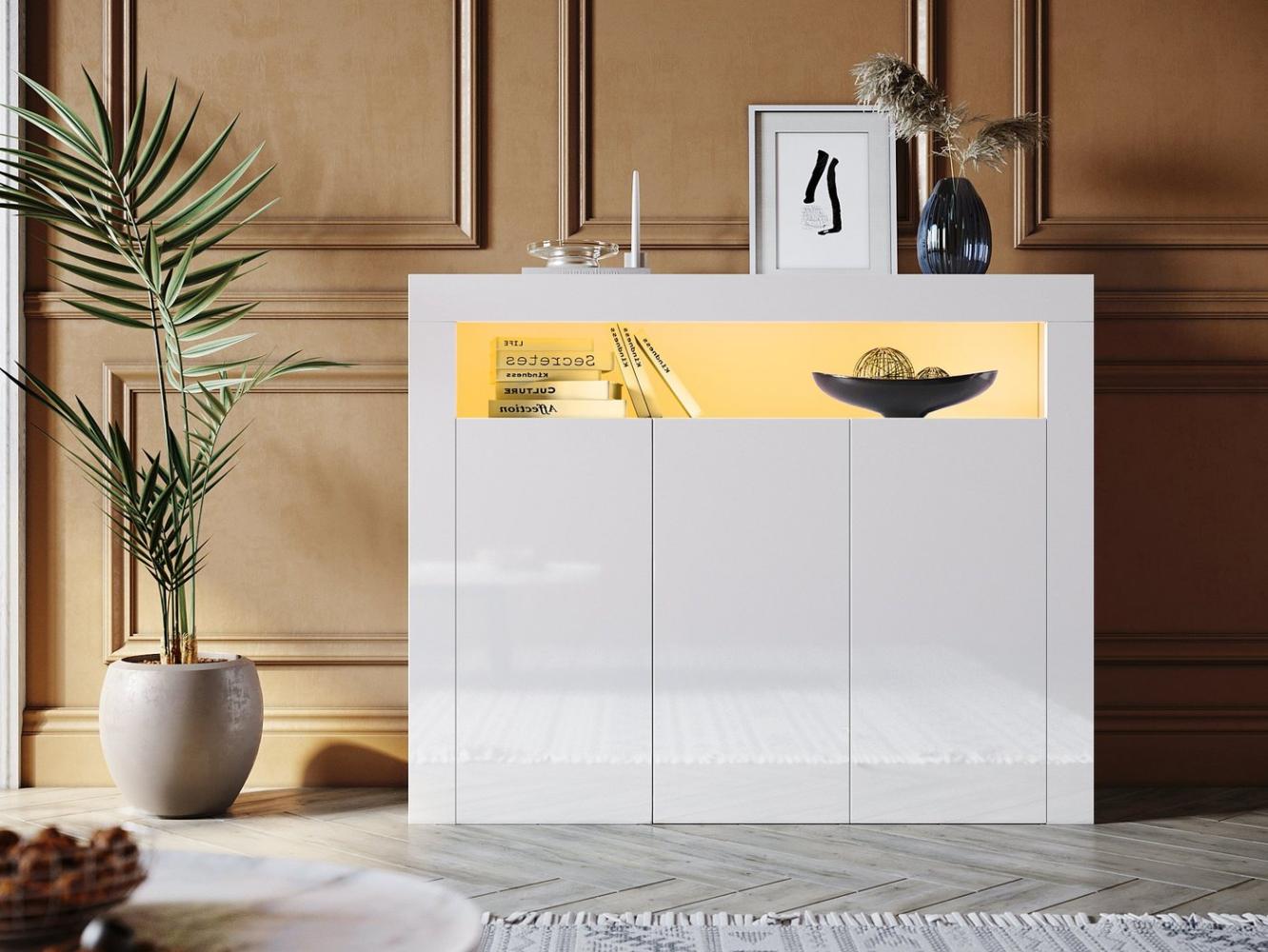 SONNI Sideboard Kommode Sideboard Breite 116cm Weiß Hochglanz mit LED-Leuchte Bild 1