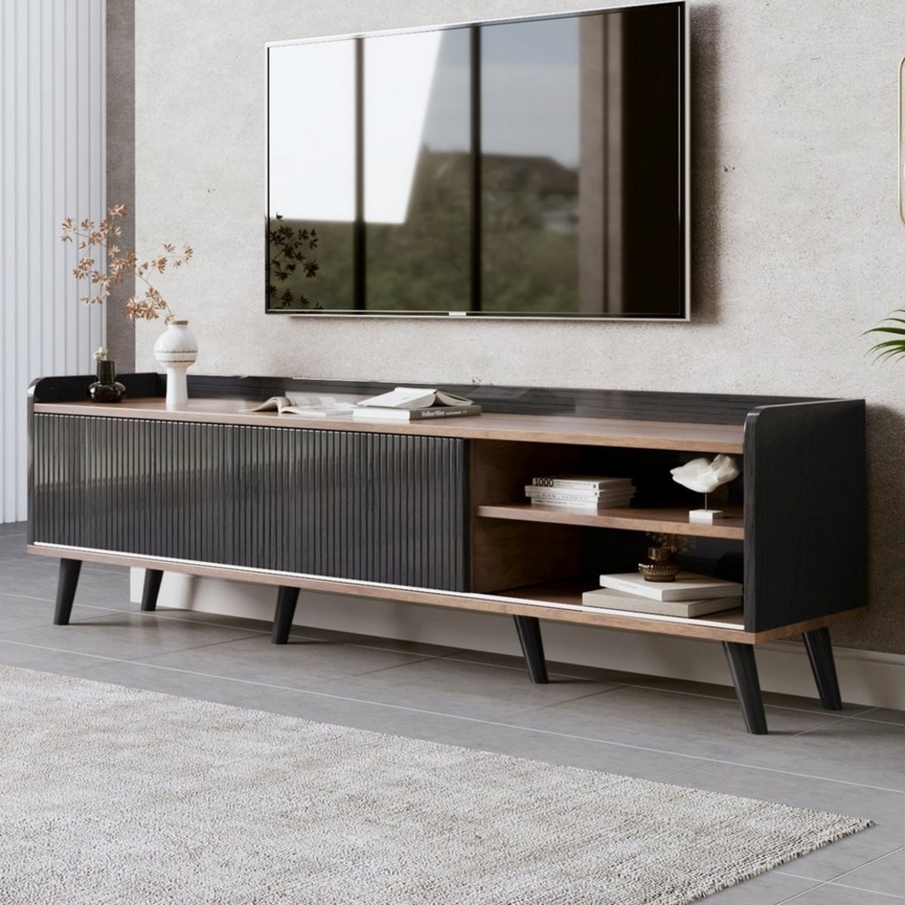 BlingBin TV-Schrank TV-Möbel, TV-Panel, TV-Lowboard, Fernsehtisch TV Board Fernsehschrank (TV-Schrank mit 2 Schubladen und 2 Schiebetüren, 1-St, Gesamtabmessungen: 160 x 40 x 58cm, Produktladung: 50KG) Exquisite Textur, Spanplatte, Schwarz und Natürlic... Bild 1
