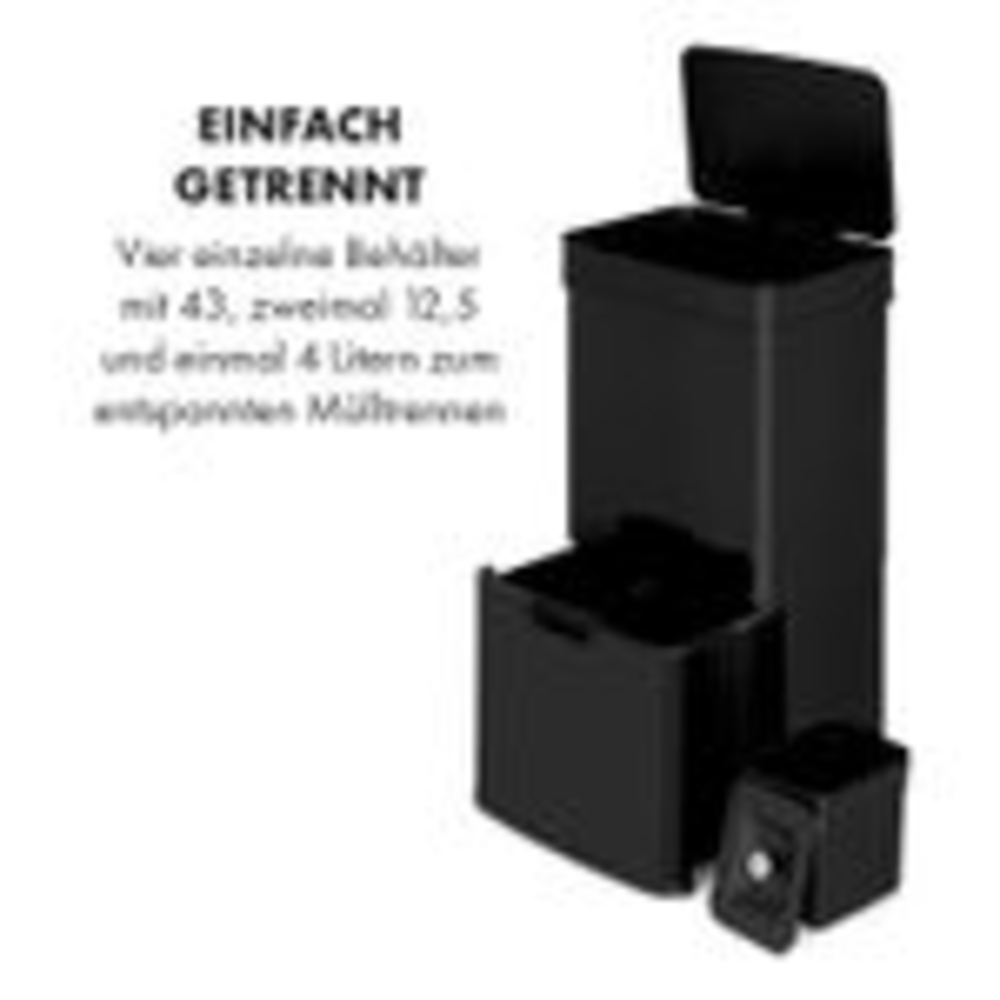Klarstein Touchless - Black Stainless Steel Mülleimer Sensor-Mülleimer, 72 Liter Volumen in 4 Behältern: 43 & 2x12,5 Liter, Bio-Eimer mit Deckel: 4 Liter, automatisches Öffnen und Schließen, schwarz Bild 1