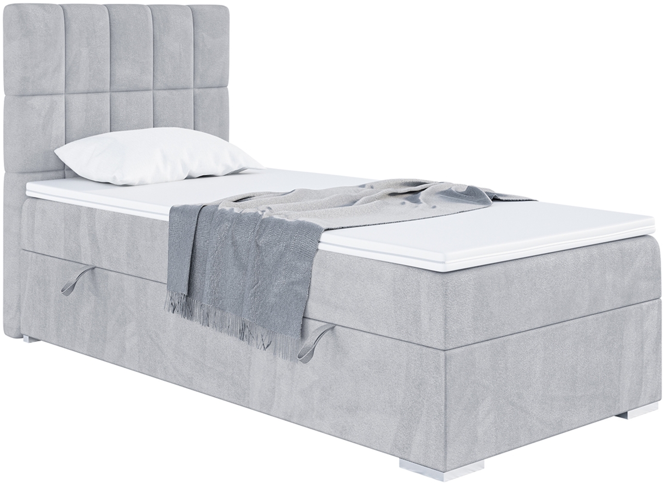 MEBLINI Boxspringbett LUKAS 90x200 cm mit Bettkasten - H4/Hellgrau Samt Gepolstert Einzelbett mit Topper & Taschenfederkern-Matratze - 90x200 Links Bild 1