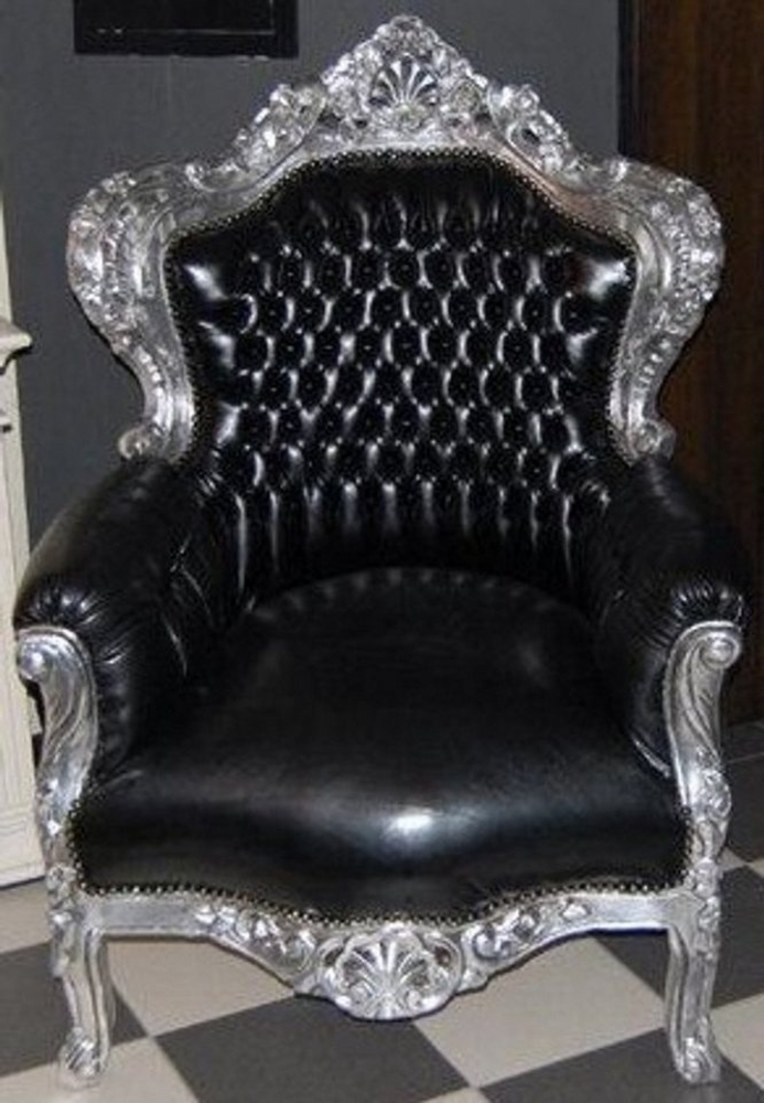 Casa Padrino Sessel Barock Sessel King Schwarz/Silber Lederoptik Bild 1