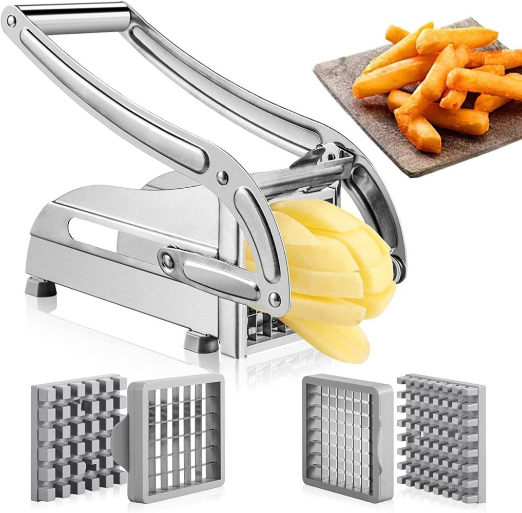 Rhein Beleuchtung Pommesschneider Pommes-Frites-Schneider aus Edelstahl, professioneller Gemüseschneider, (Geeignet für Pommes Frites, Karotten, Gurken), Kommt mit zwei Klingengrößen, rutschfester Basis Bild 1