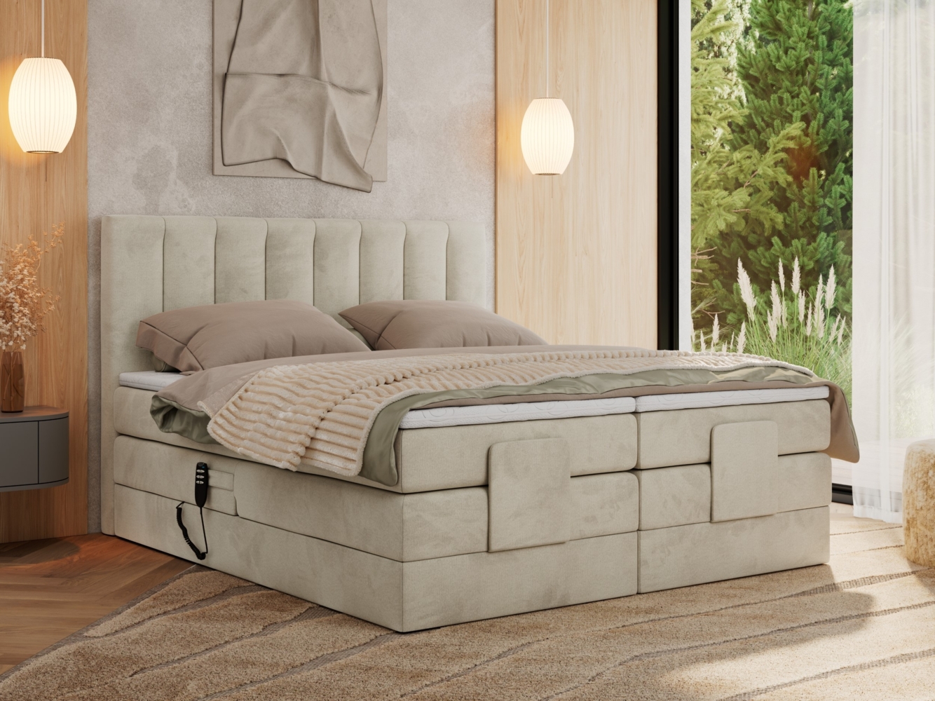 Boxspringbett mit elektrisch verstellbaren Matratzen, zwei Bettkästen und einem Topper - COMFORTO - 140 x 200 cm - Beige Velvet - H4 Bild 1