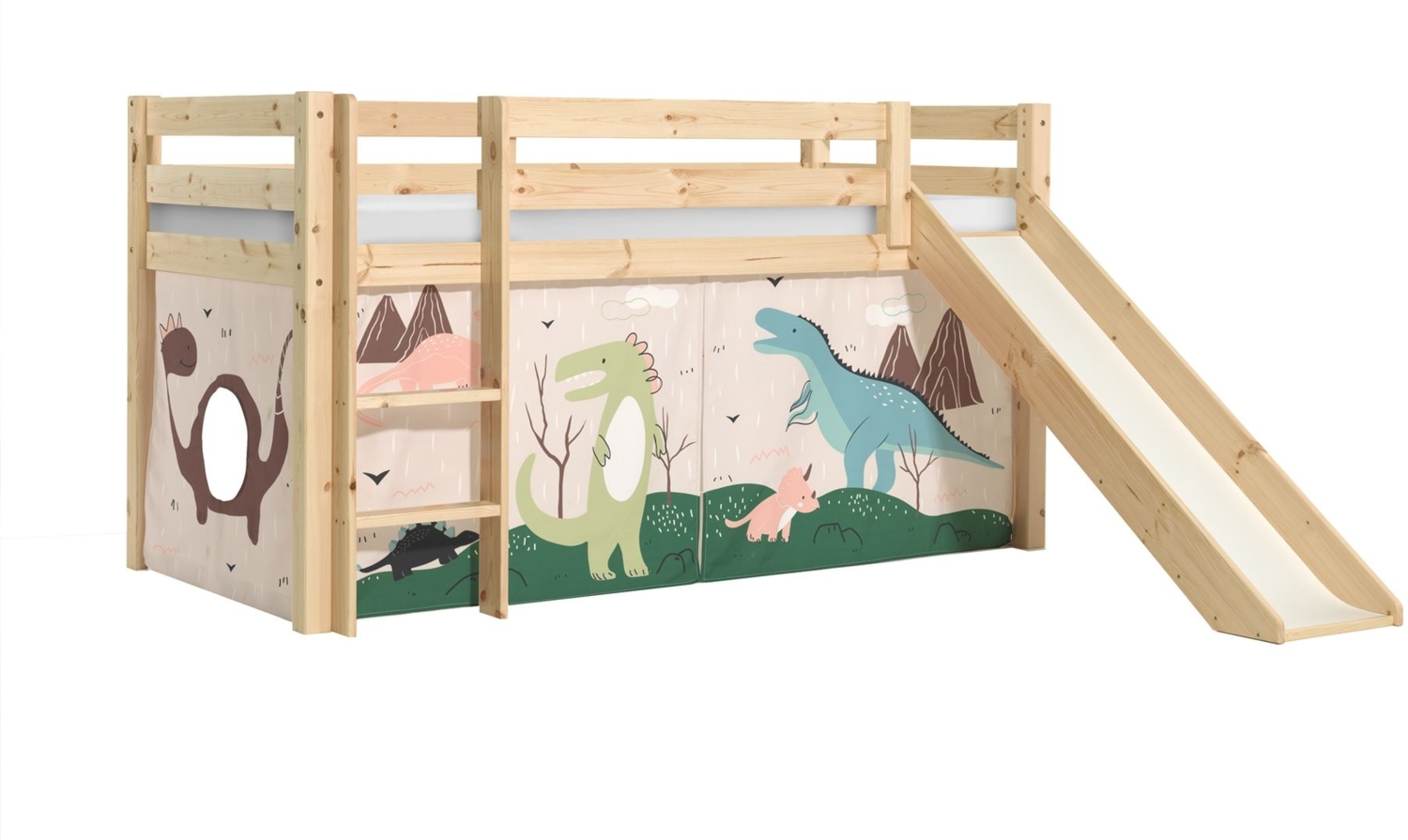 Kinderbett mit Rutsche Karolina Massivholz Natur Textilset Dino Bild 1