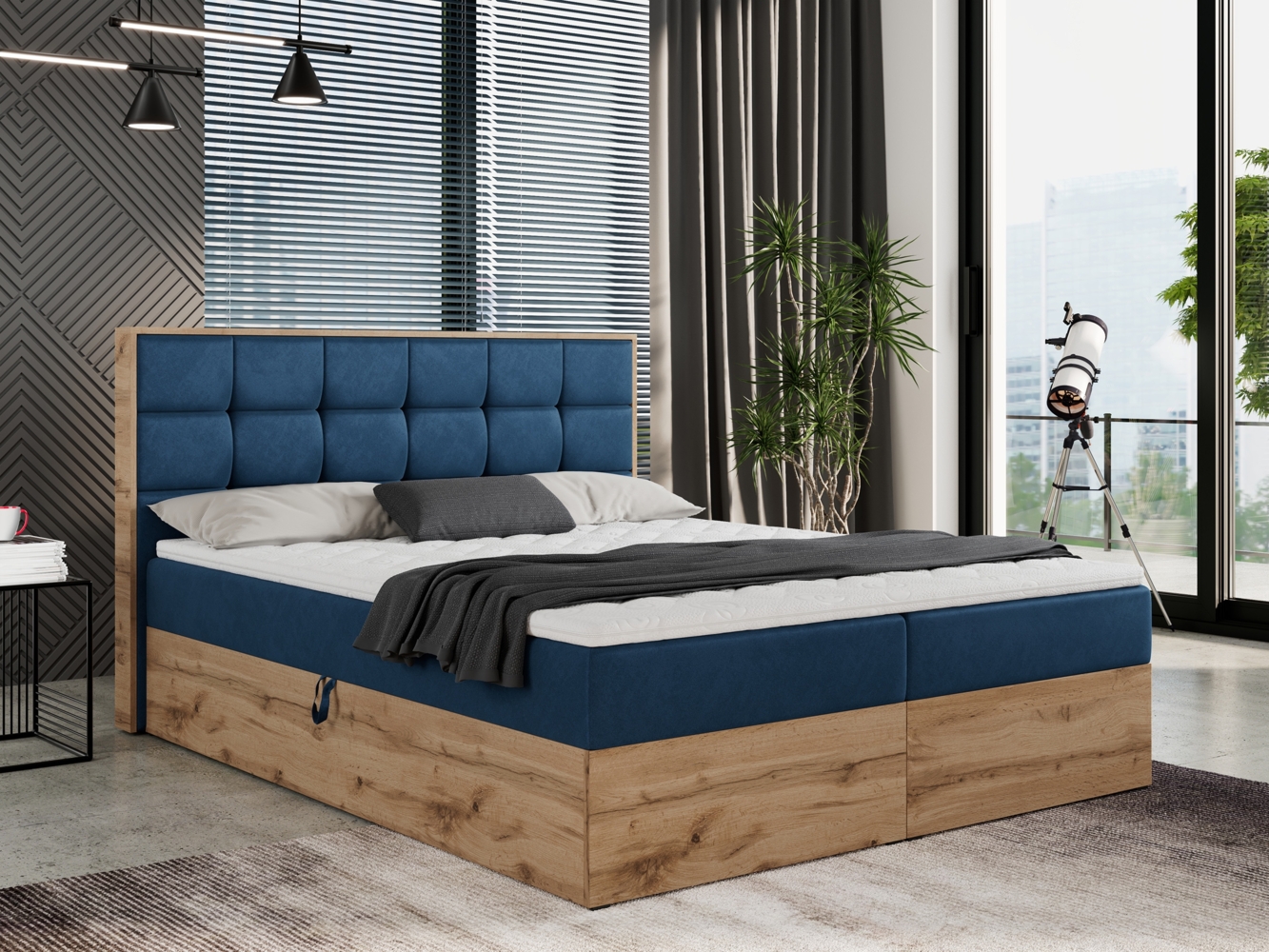 Boxspringbett mit Kopfteil und Topper, Polsterbett - ALBERO 1 - 200 x 200 cm - Blau Velvet - H3 Bild 1