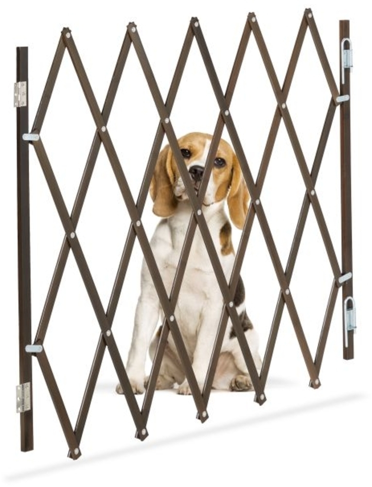 Relaxdays Hundegitter, ausziehbar bis 118 cm, 69-82,5 cm hoch, Hunde Schutzgitter für Treppe & Tür, Braun Bild 1