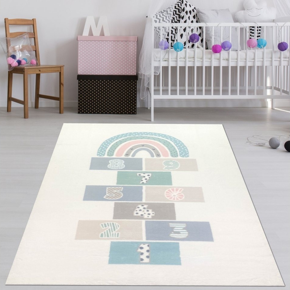 TeppichHome24 Kinderteppich Kinderzimmer Teppich mit Hupfspiel-Muster in creme bunt, rechteckig Bild 1