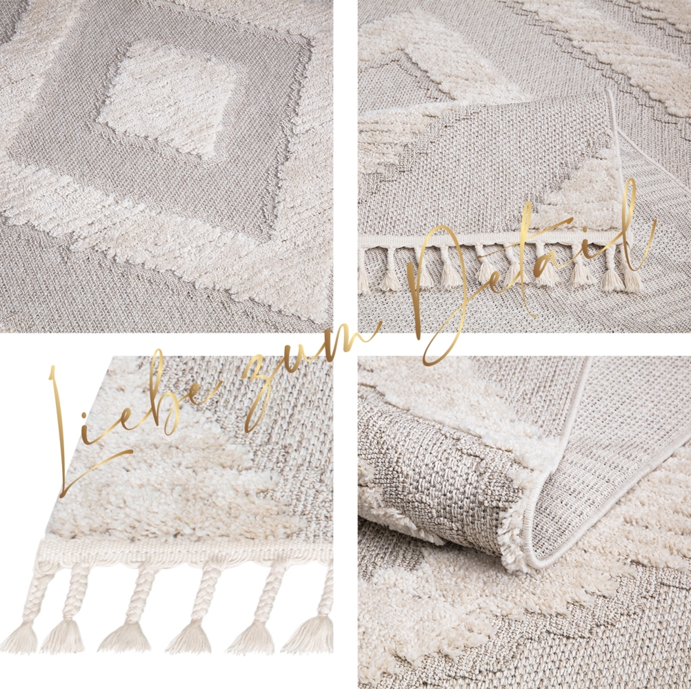 Teppich Wohnzimmer - 120x170cm - Creme - Raute - Hochtief Effekt - Fransen Deko Boho Flauschig - Cut & Loop Sisal - Schlafzimmer Flur Dekoration Läufer Bild 1