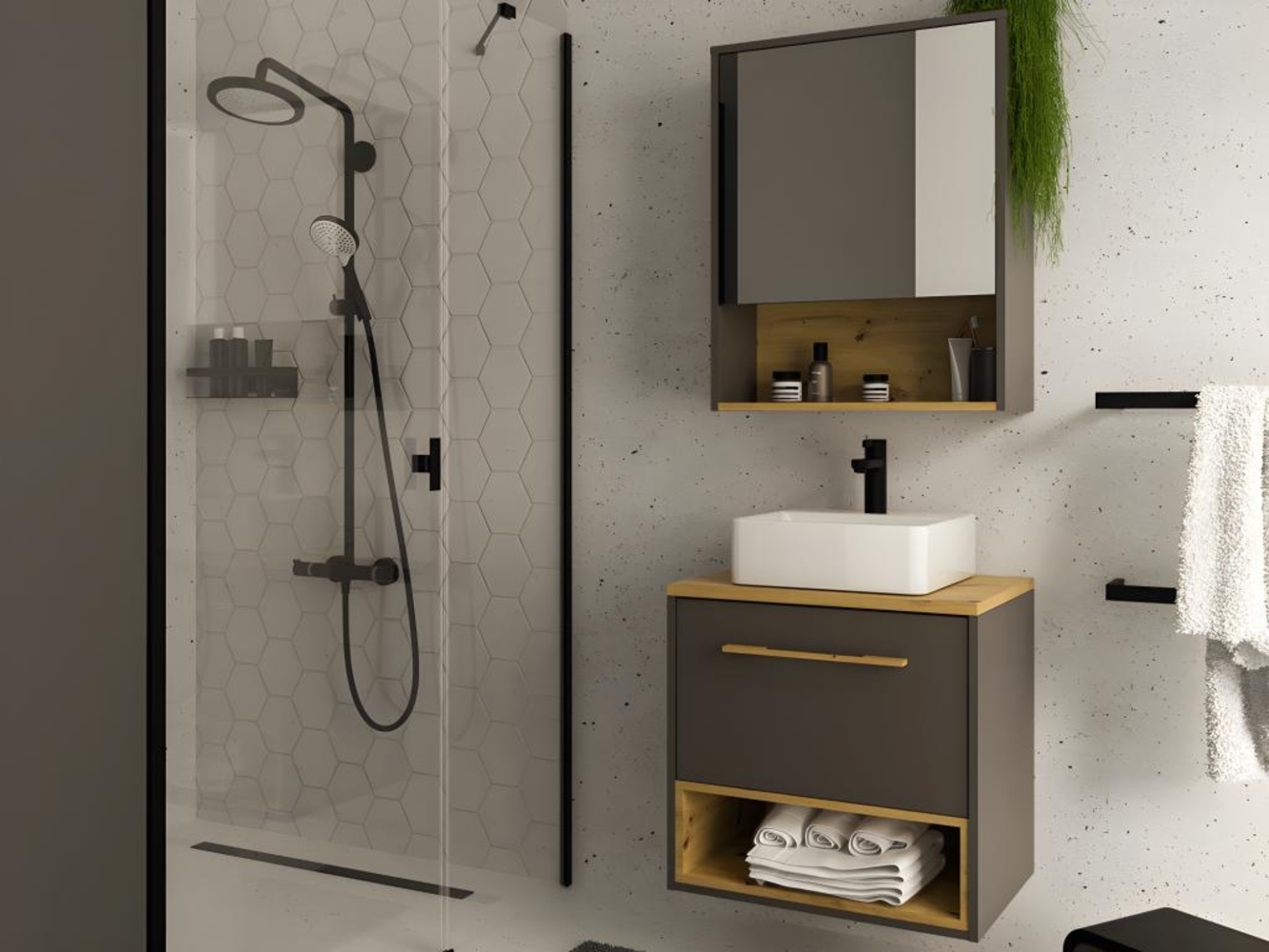Vente-unique - Badmöbel hängend mit Aufsatzwaschbecken & Spiegelschrank - B. 60 cm - Anthrazit - YANGRA Bild 1