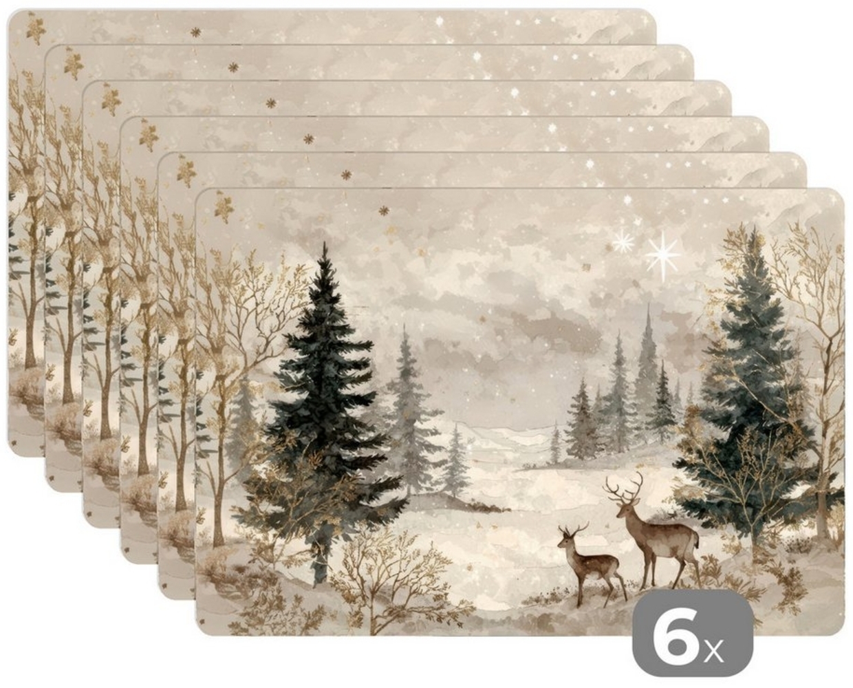 MuchoWow Platzset Wald - Hirsche - Winter - Schnee, (6-St), Platzsets, Tischset, Abwaschbar, Tischsets, Platzdeckchen Bild 1