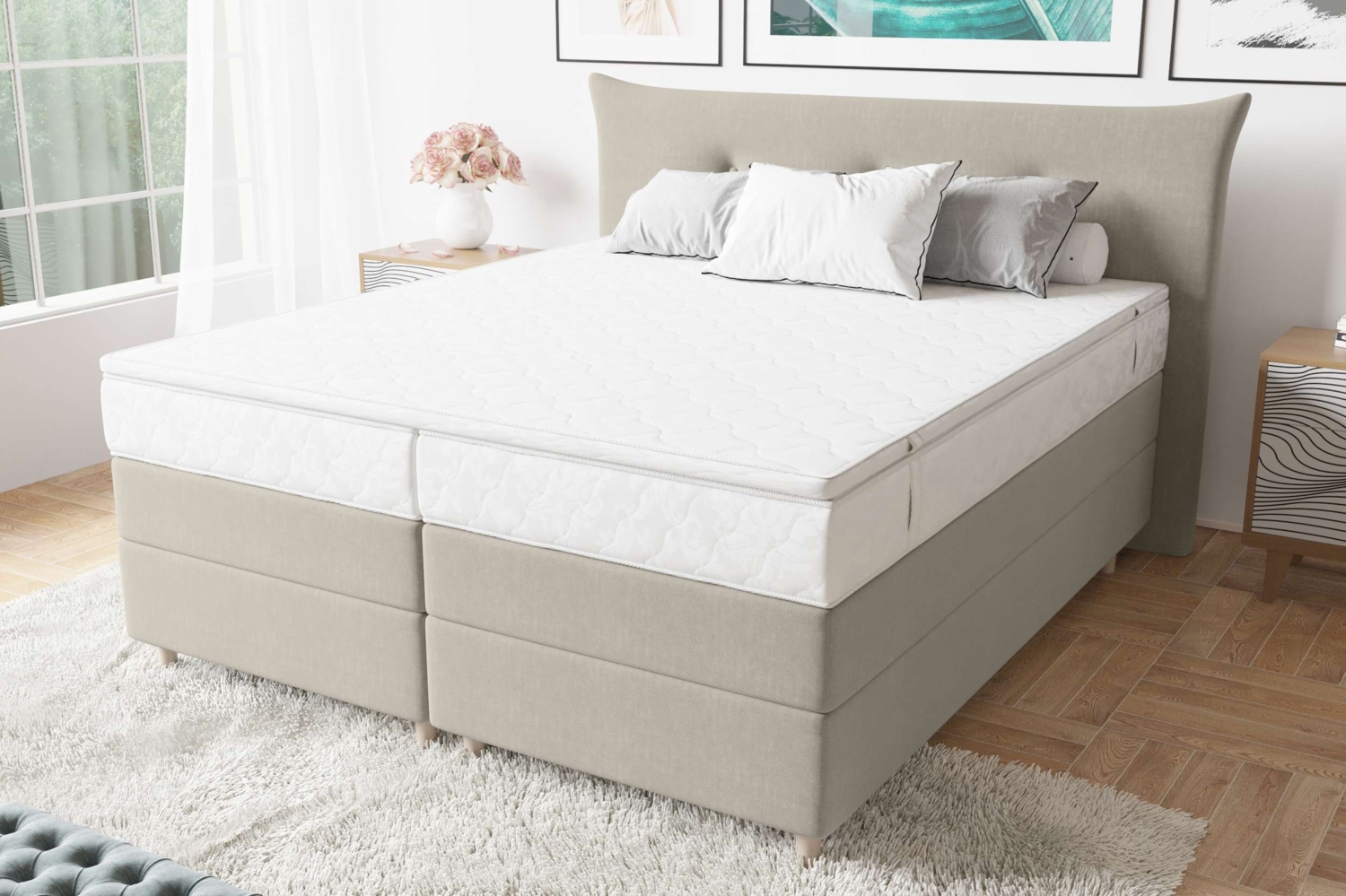 99rooms Amur Boxspringbett 180x200 cm Strukturstoff INARI Beige Bonell-Federung Bild 1