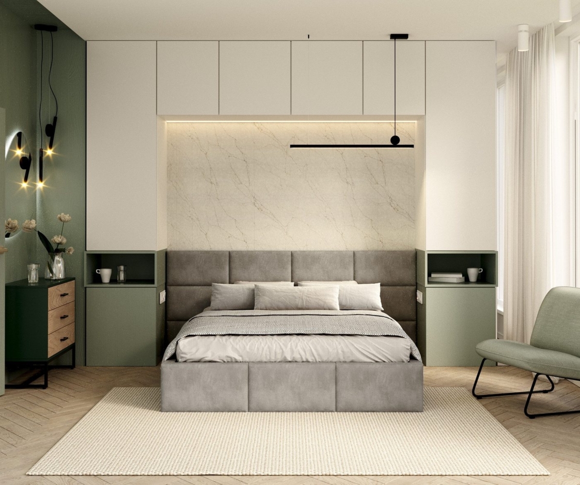 FDM Polsterbett Bettrahmen Bettgestell 90x200, 120x200, 140x200, 160x200, 180x200cm (MADE IN EU - mit hochwertigem Velours Bezug Trinity, Bettrahmen, Bett, Optional mit Matratze bestellbar, mit großen gepolsterten Kopfteil, mit Bettkasten zum aufklappe... Bild 1