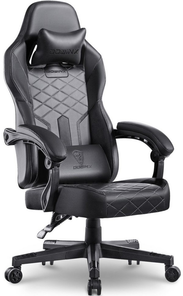 Dowinx Gaming-Stuhl mit Federkissen und Lendenwirbelstütze, ergonomisches Design, PU-Leder, breitere Rückenlehne, schwarz Bild 1