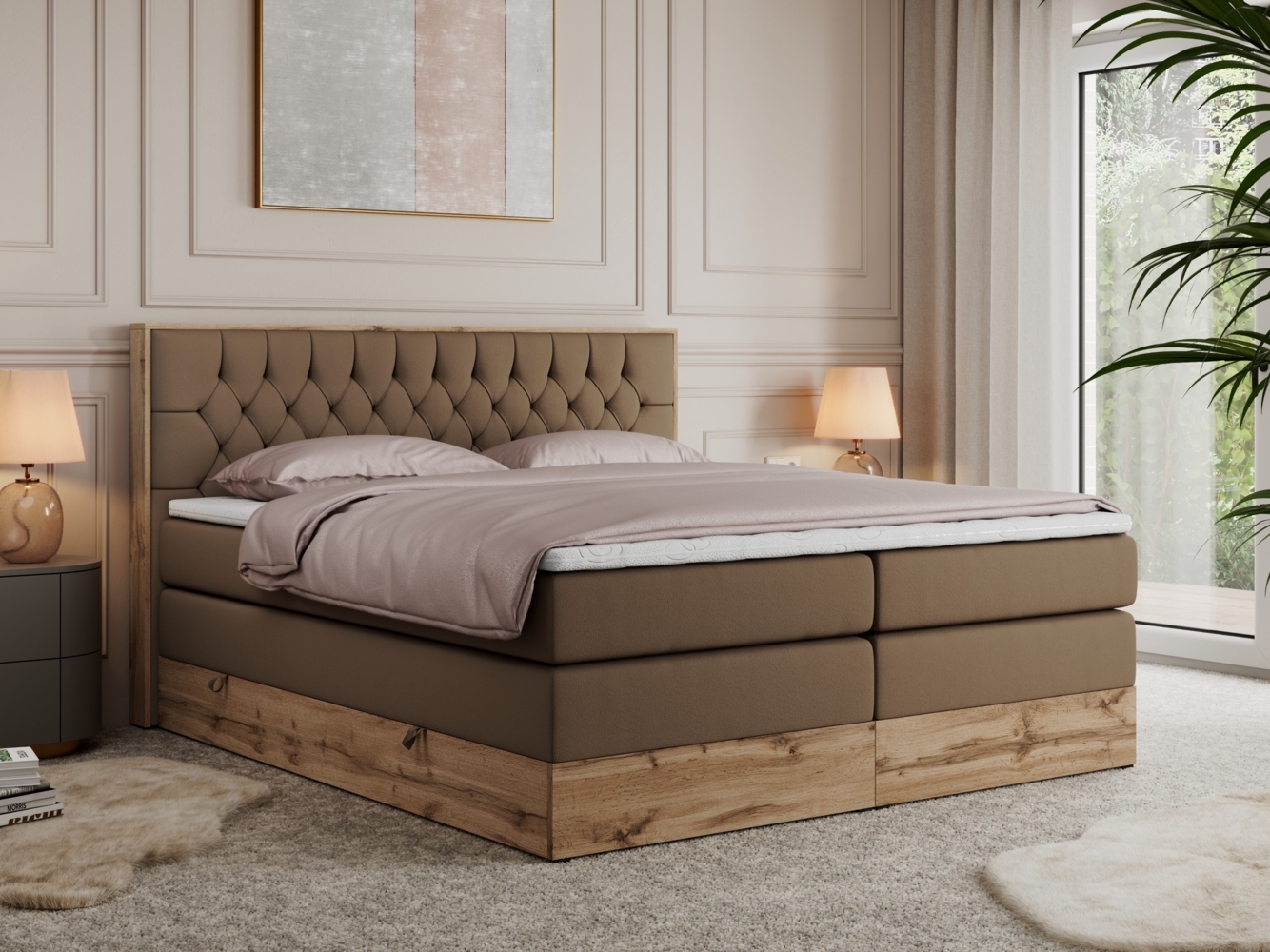 Boxspringbett AMORE KING, Doppelbett mit Multipocket-Matratze, Polsterbett mit Kopfstütze - 200x200 cm - Braun Kunstleder - H3 Bild 1