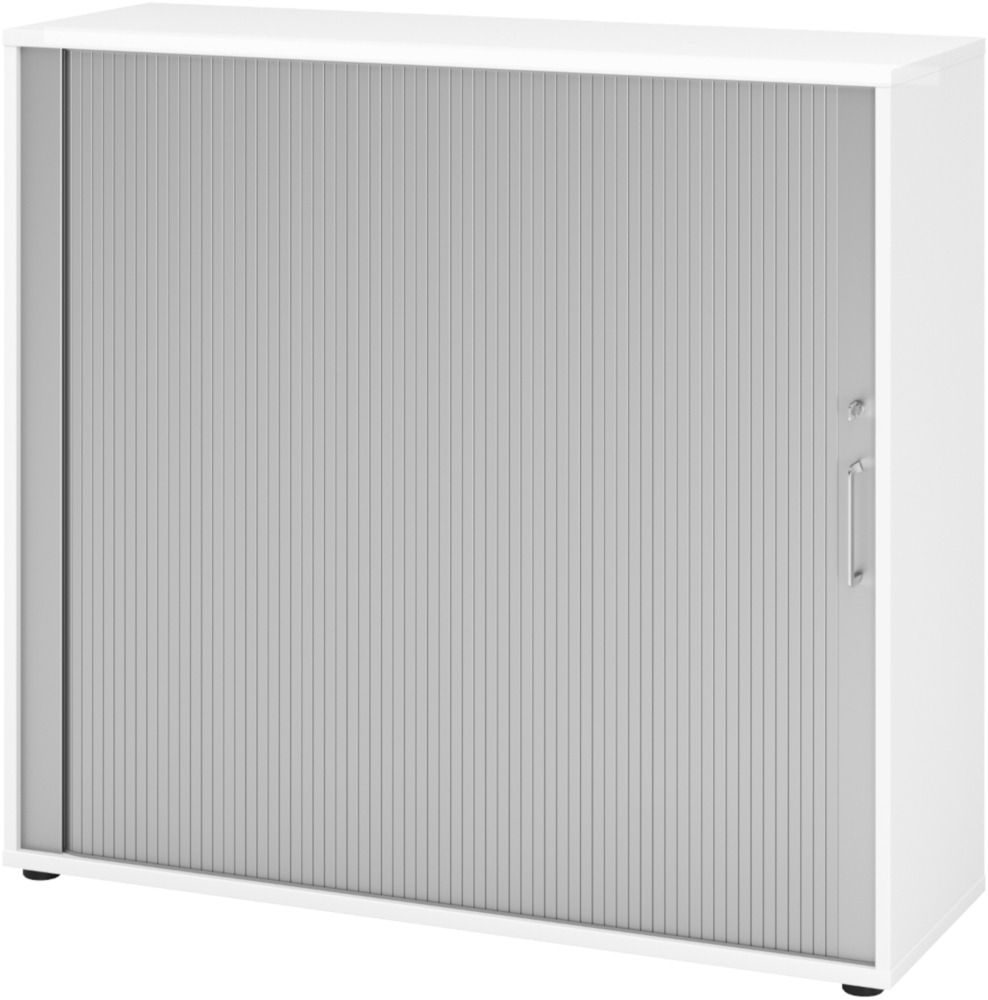 bümö Aktenschrank abschließbar mit Rollladen, Rollladenschrank für Ordner & Co. - Büroschrank mit Rollo, abschließbarer Ordnerschrank aus Holz in Weiß/Silber mit Bügelgriff, 1733S-W-S-BS Bild 1