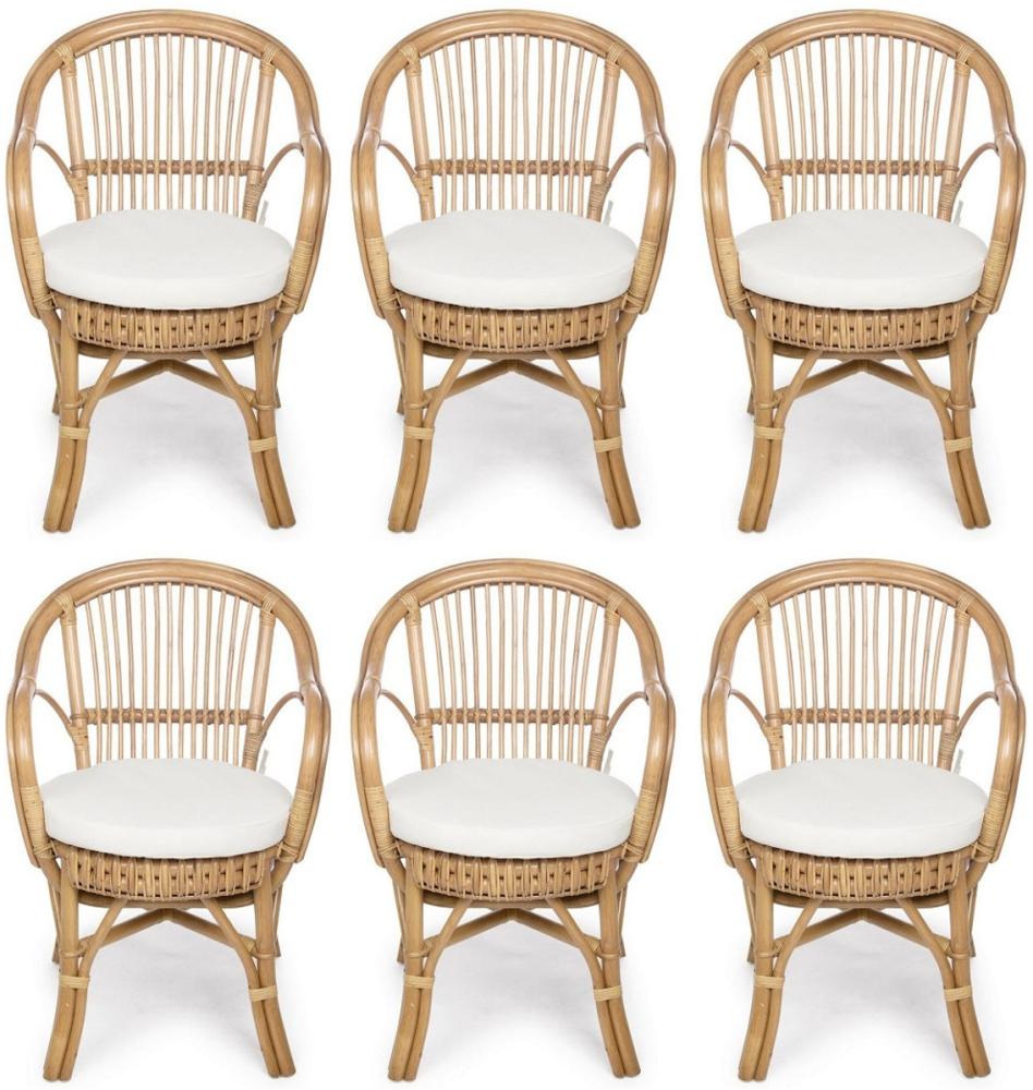 Casa Padrino Luxus Gartenstuhl 6er Set Naturfarben / Weiß 57 x 61 x H. 80 cm - Rattan Stühle mit Armlehnen und Sitzkissen - Moderne Rattan Garten & Terrassen Möbel Bild 1