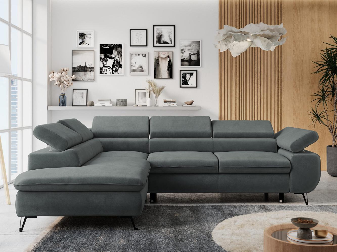 Ecksofa mit Bettfunktion, Modern Sofa, L-form, Einstellbare Kopfstützen, Bettkasten, PETER, 1x Ecksofa, 1x Topper, Dunkelgrau, Mikrofaser, links Bild 1