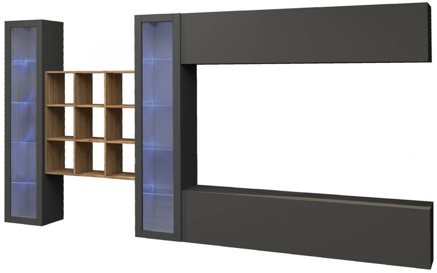 Dmora Ausgestattete Wand Avella, 4-türiges TV-Ständer-Wohnzimmerset, Mehrzweck-Wohnzimmermöbel mit Vitrine und LED-Licht, 100 % Made in Italy, 350 x 30 x 180 cm, Anthrazit, Bild 1