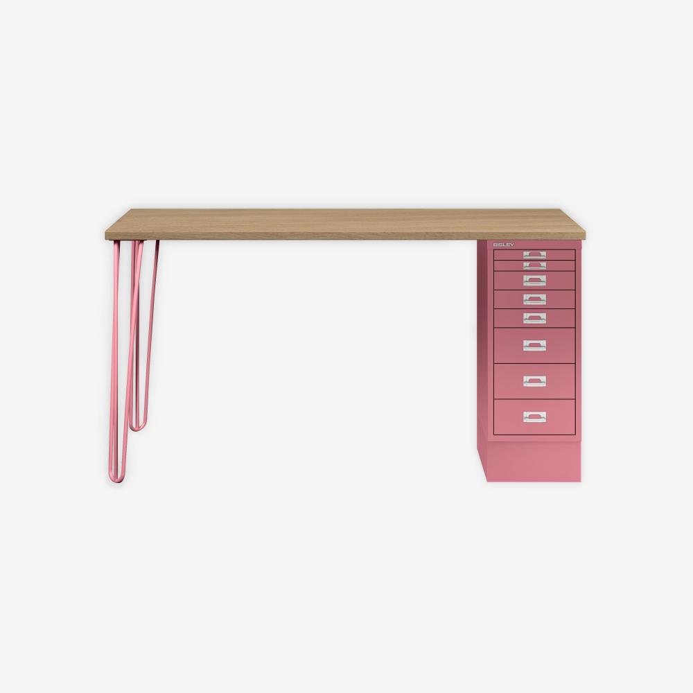 MultiDesk, 2 Stahlfüße, 1 MultiDrawer mit 8 Schüben, Dekor natürliche Eiche, Farbe Pink, Maße: H 740 x B 1400 x T 600 mm Bild 1