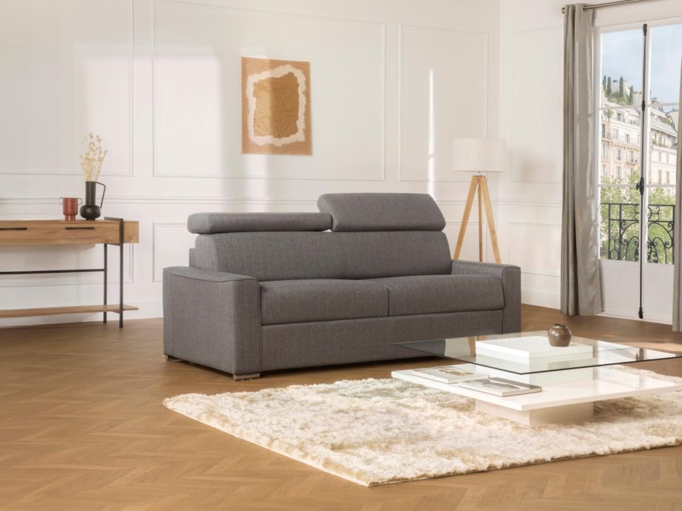 Schlafsofa 4-Sitzer Stoff VIZIR - Grau - Liegefläche: 160 cm - Matratzenhöhe: 16 cm mit Memory Schaum Bild 1