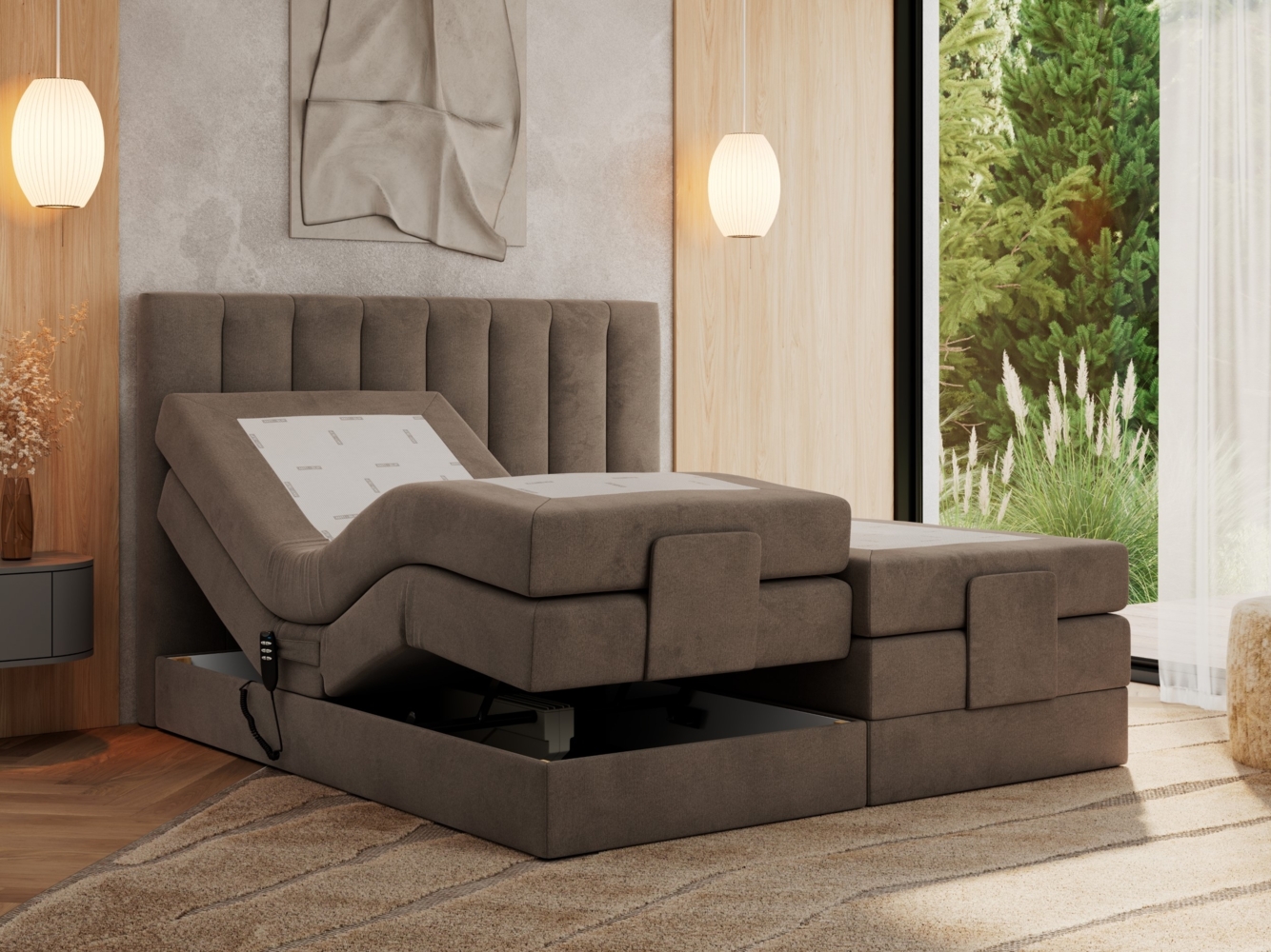 Boxspringbett mit elektrisch verstellbaren Matratzen, zwei Bettkästen und einem Topper - COMFORTO - 160 x 200 cm - Braun Velvet - H4 Bild 1