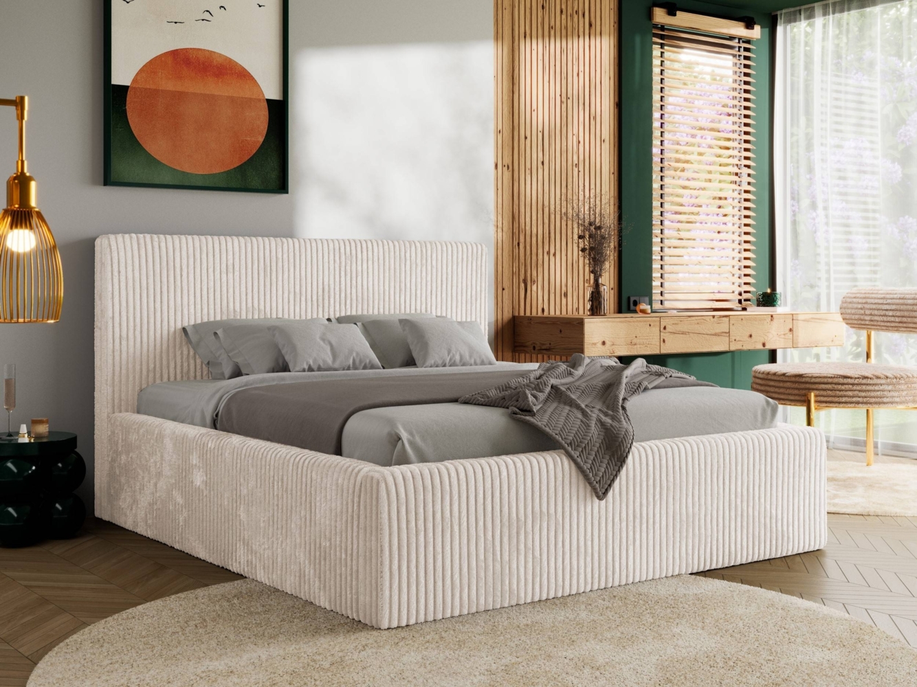 Polsterbett mit Stauraum Lattenrost TILIANO CLASSIC Bett gepolstert Doppelbett mit Kopfteil Foam Matratze - 200x200 cm - Beige Cord - MIRO LUX Bild 1