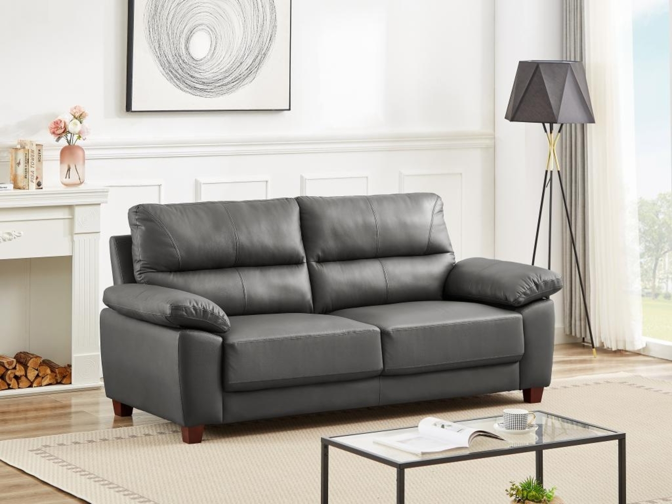 Vente-unique - Sofa 3-Sitzer - Leder - Anthrazit - TASANI Bild 1