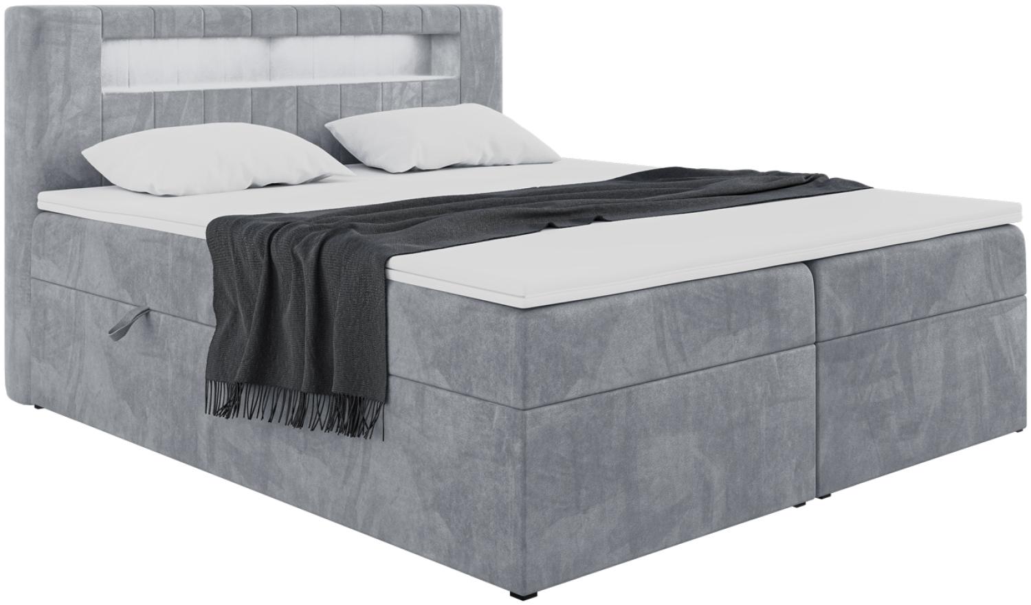 MEBLINI Boxspringbett ASPIN 160x200 cm mit Bettkasten und LED - H4/Grau Samt Polsterbett - Doppelbett mit Topper & Taschenfederkern-Matratze Bild 1