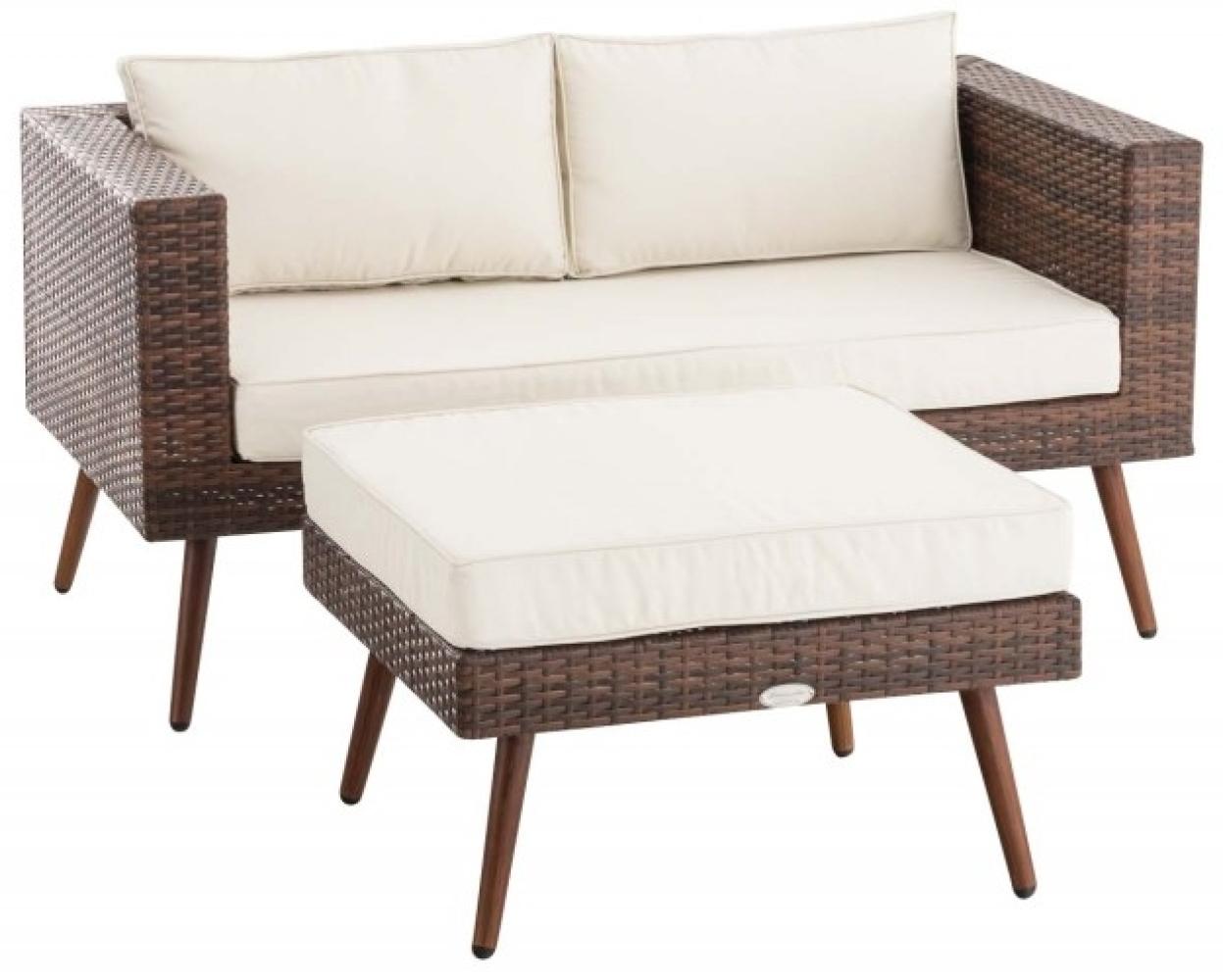 2er Sofa Molde mit Fußhocker Flachrattan braun-meliert 40 cm (Dunkelbraun), cremeweiß Bild 1