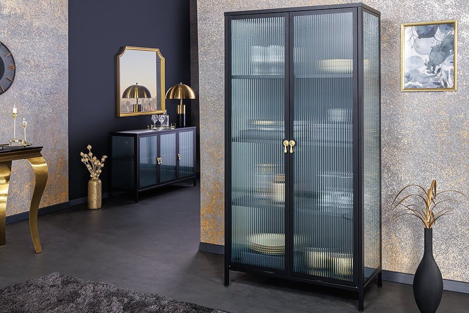 riess-ambiente Vitrine AMSTERDAM 160cm schwarz / gold - Metall, Riffelglas, Stauraum, eckig (Einzelartikel, 1-St) Schrankvitrine mit Sichtschutz - ideal für moderne Wohnzimmer & Küchen Bild 1