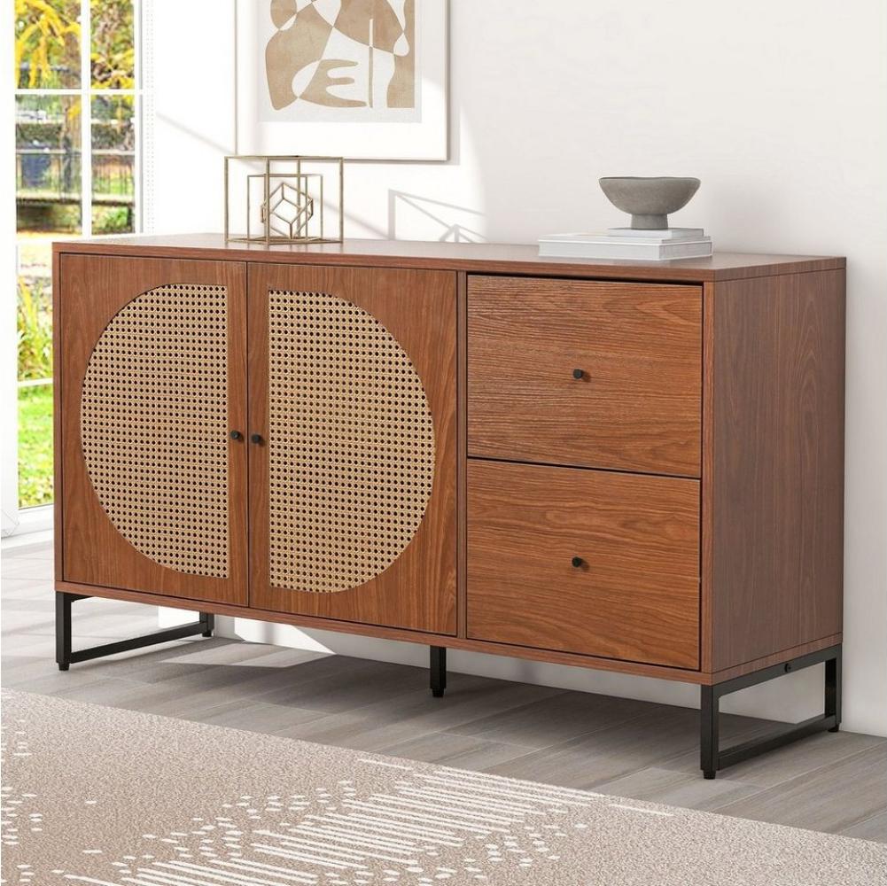 REDOM Sideboard Kommode Mehrzweckschrank (mit 2 Rattan verzierten Türen und 2 Schubladen Kommode Küchenschrank), Highboard mit Metallgriffe Bild 1