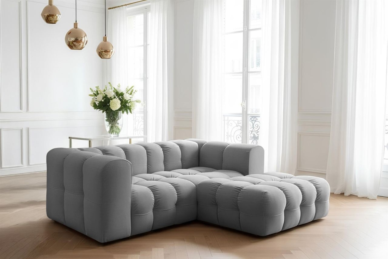 Ecksofa Designersofa SOLVIE XS in Stoff Tiffani Grau Ottomane Rechts Bild 1