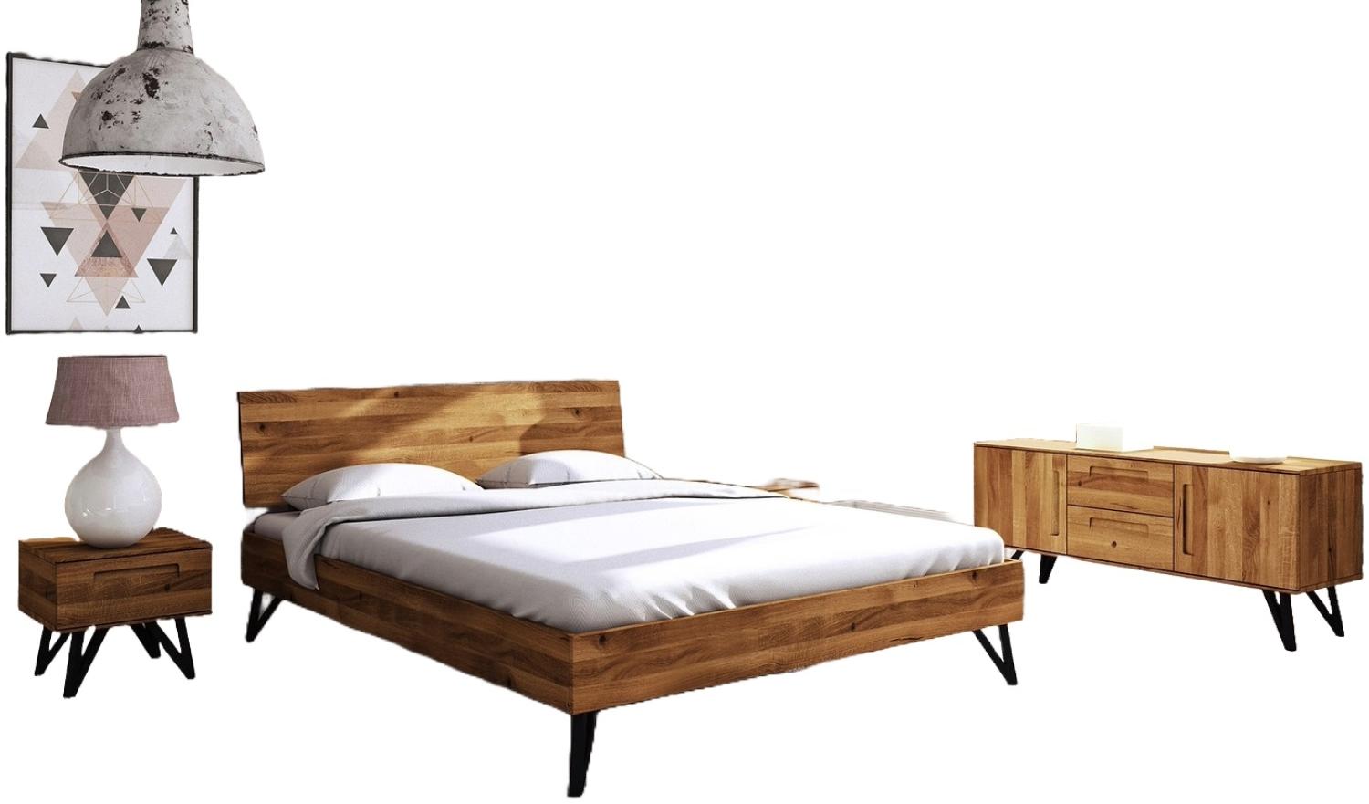 Bett Rolo 2 in 180x200 cm aus Wildeiche massiv mit Holzkopfteil und Metallbeinen Bild 1