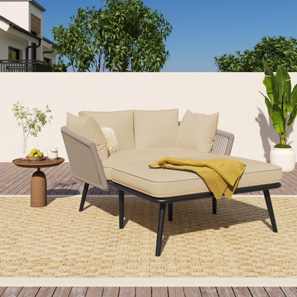 Merax Gartensofa mit 2 Kissen und 2 Polster, Sonnenliege im Außenbereich, Gartenlounge, Balkonmöbel-Set, Loungemöbel, Terrassenmöbel, Kissen sind abnehmbar und waschbar, Khaki Bild 1