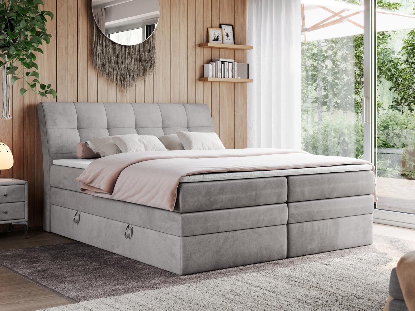 Boxspringbett, Stauraumbett, Bett mit Multipocket-Matratze und Topper - GOLD-10-KING - 160x200cm - Hellgrau Velours - H3 Bild 1