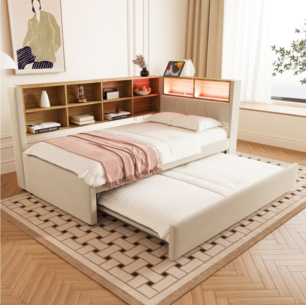 Furnishings Home Polsterbett Ausziehbett Daybett Tagesbett (Mit USB + Type-C + Stecker), Schlafsofa, Mit Unterbett, 90x200 cm + 90x190 cm, Nachttisch, Samt Bild 1