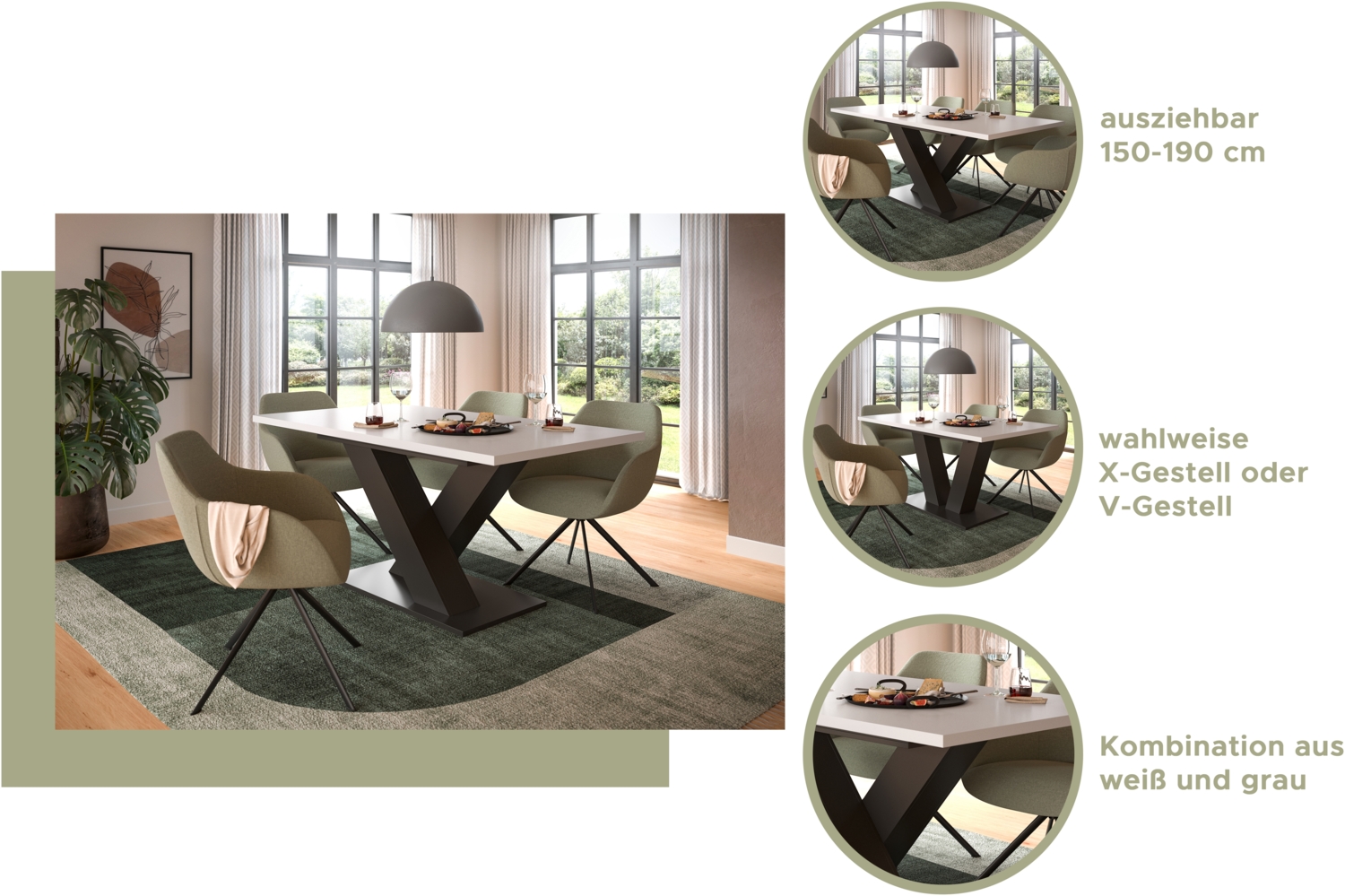 Ausziehbarer Esstisch (B/H/T): 150-190x76x80 in Artisan Nachbildung und weiß Nachbildung mit Y-Fußgestell Bild 1