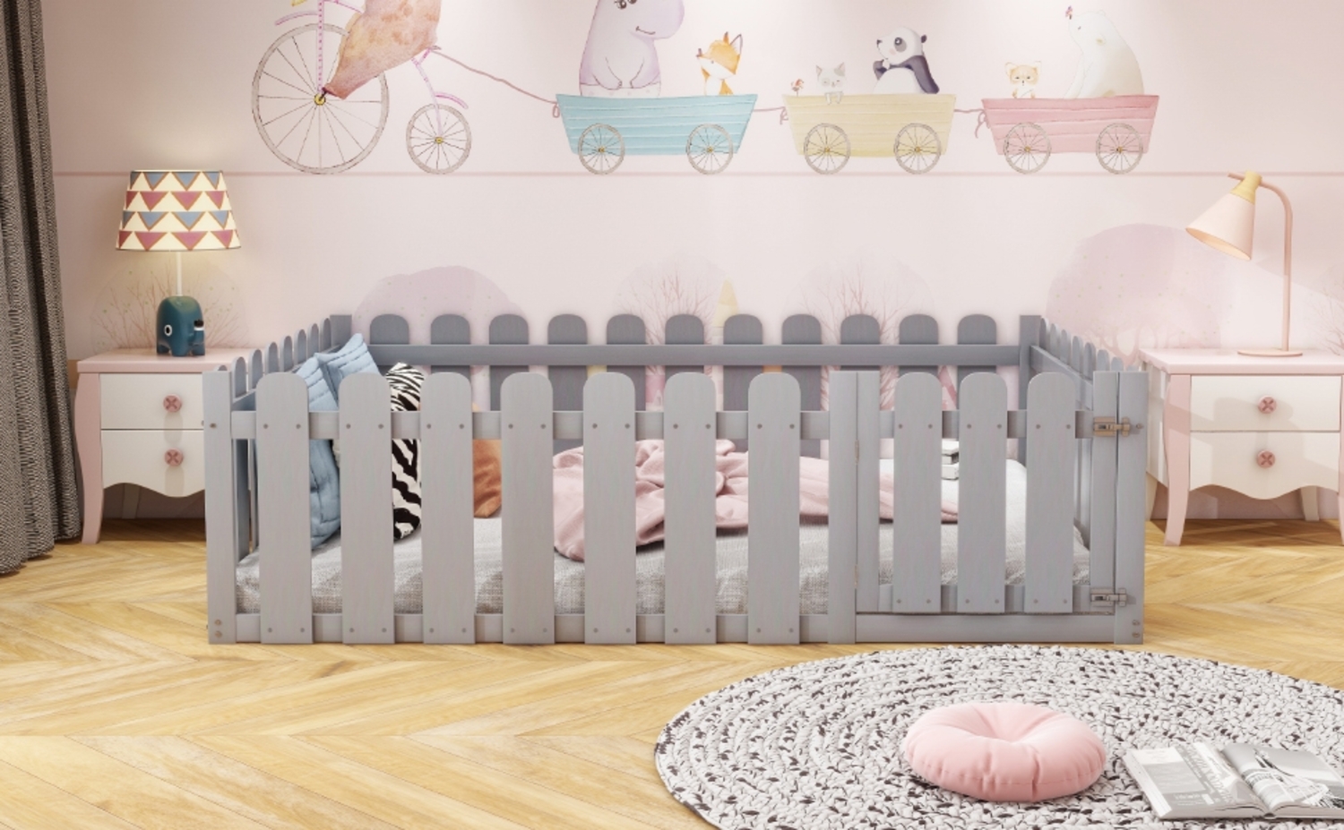 Graues Bodenbett 140x200 cm Mit Sicherheitszaun Und Tür Massivholz Kinderbett Ohne Lattenrost Spielbett Mit Kreis Design Modernes Bett Für Kinderzimmer Bild 1