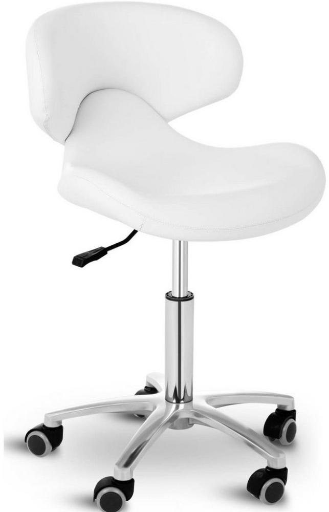 Physa Andria White Rollhocker mit Lehne Arbeitshocker mit Rollen höhenverstellbar Sitzhocker mit Rückenlehne (weiß, polierter Stahl, PVC-Bezug, 360° drehbare Rollen, Variable Sitzhöhe) Bild 1